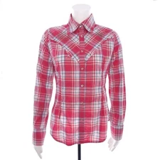 Roar Plaid Red White Long Sleeve Pearl Snap Shirt Womens Size Medium