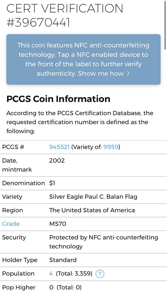 2002 $1 АМЕРИКАНСКИЙ СЕРЕБРЯНЫЙ ОРЕЛ PCGS MS70 ПОЛ БАЛАН ВРУЧНУЮ ПОДПИСАННЫЙ ФЛАГ ЭТИКЕТКА POP 4 - Изображение 3 из 3