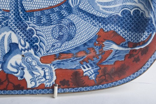 Antique c19th Blue & White Transfer Dragon Snake Cobra Meat Plate/Platter Red - Picture 10 of 12