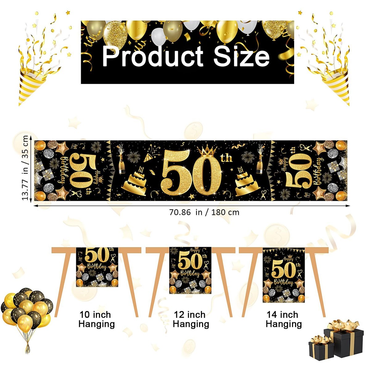 Happy 50th Birthday Banner 300x50 Cm – Schwarz-gold, Polyester, Für Innen & Außen