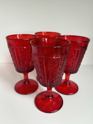 Vintage Ruby Red Stemmed Wine Glass Water Goblet Vertical Leaf Floral (4)