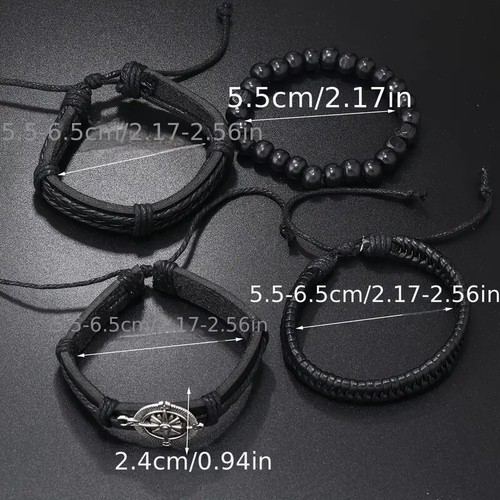 Men PU Leather Bracelet Braided Multi-Layer Compass Jewelry 4pcs Set BLACK USA - Picture 3 of 6