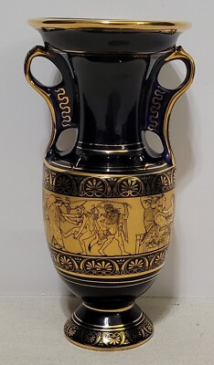 Spyropoulos Cobalt Blue With Gilded 24k Gold Leaf Ceramic Vase Handmade Greece