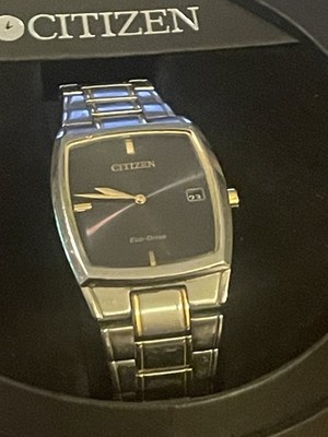 Citizen Eco-Drive Rectangular Dress Watch   Black Sunburst Dial   Two Tone