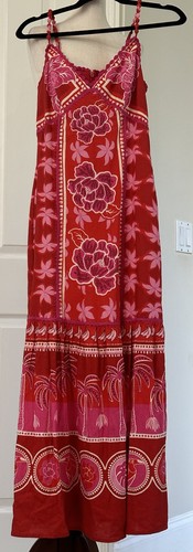 Caroline Constas rot Blumen Sommer Leinenmischung bestickt V-Ausschnitt Maxikleid XXS - Bild 1 von 23