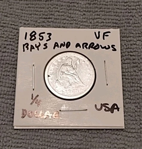 USA 25c~ Twenty Five Cents ~ Seated Liberty Quarter 1853 ~* VF~ Arrows & Rays