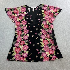 Oscar De La Renta Pink Label Shirt Womens Medium Black Floral Tunic Top
