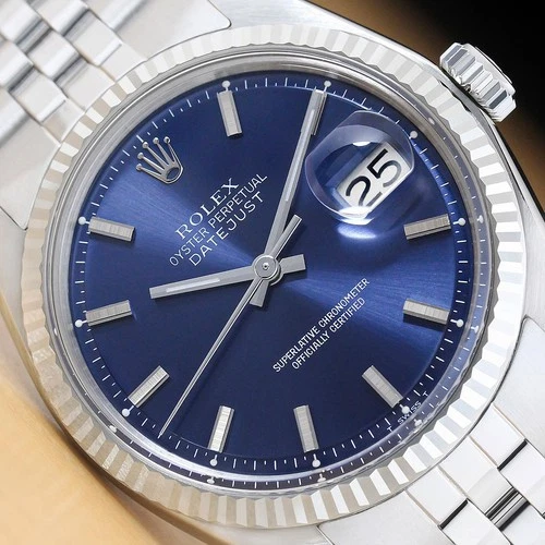 ROLEX DATEJUST 1601 BLUE DIAL 18K WHITE GOLD STEEL FOLDED BRACELET WATCH
