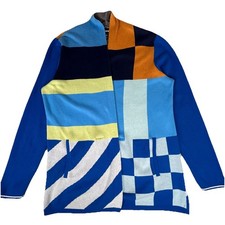 Bold Bright Multicolor Color Block Open Cardigan Blue Orange White Pockets S/P