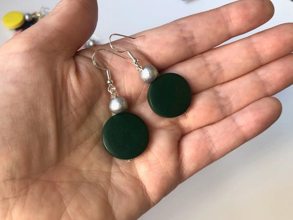 Wooden Earrings. Red, Yellow, Dark Green, Pink.  Disc Beads. Retro Uk Handmade - Image 4 of 4