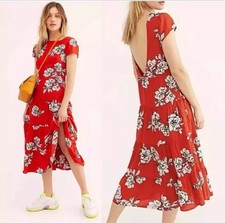 Free People Rita Sz S Red Black White Floral Tiered Dress Midi Maxi Low Cut Back