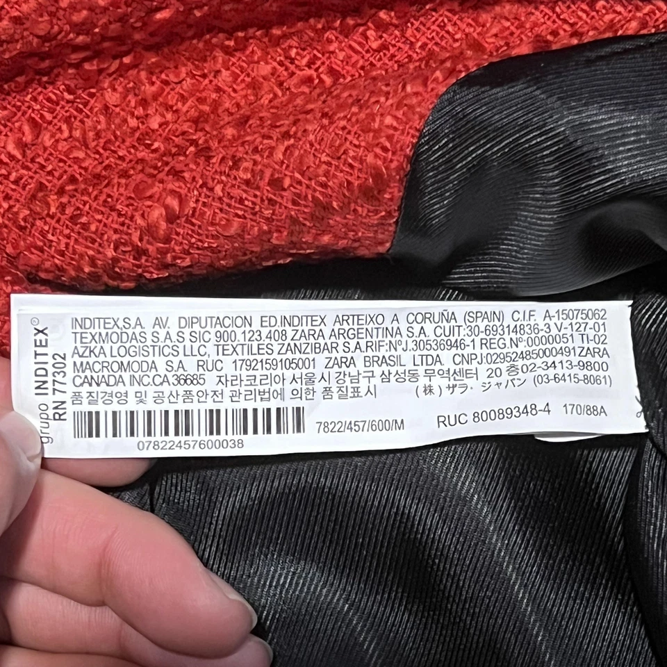 Zara Blazer Womens Medium Red Double Breasted Boucle Tweed Silver Crest Buttons - Image 3 of 4