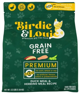 Birdie & Louie Grain Free Premium Dry Cat Food Duck Meal Herring 3.5 Lb