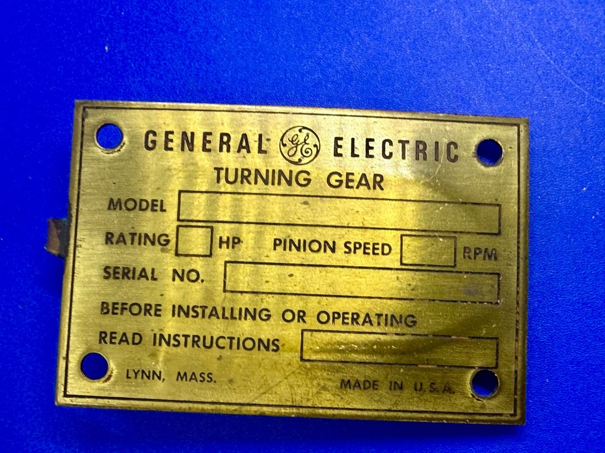General Electric Turning Gear Steam Turbine Artisan Crafted Tag GE