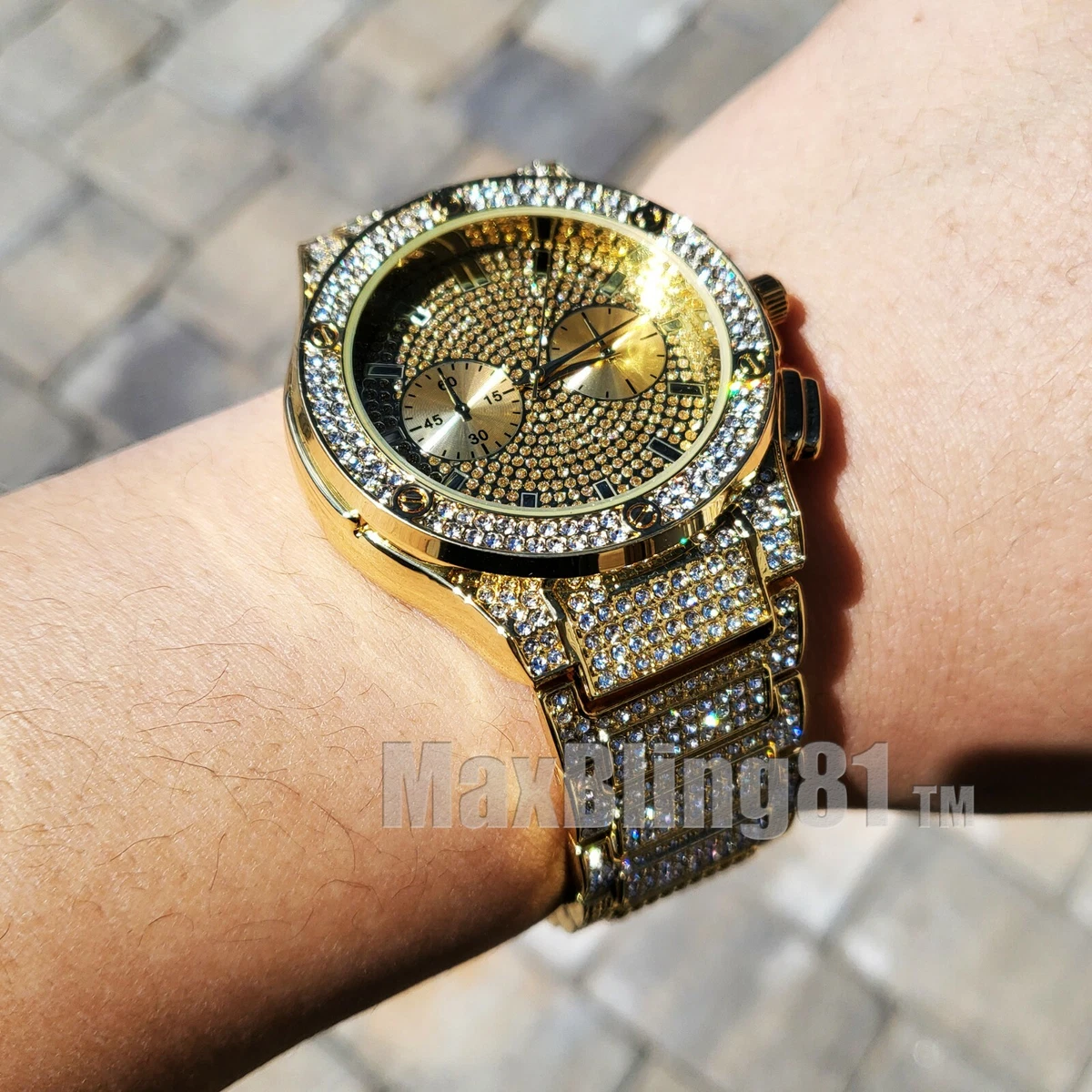 Hip Hop Icy Gold PT Rapper s Bling Luxury Lab Diamond Metal Wrist Analog Watch