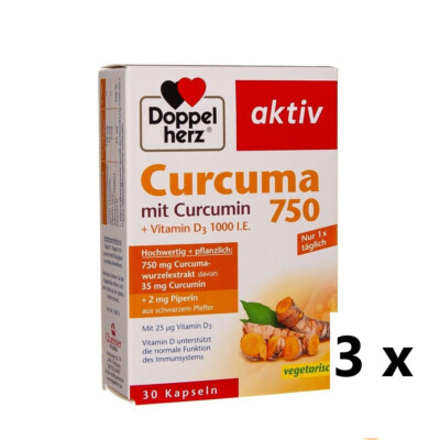 3x DOPPELHERZ AKTIV Curcuma 750 30 Kapseln Vitamin D3 für Muskelgesundheit Immun