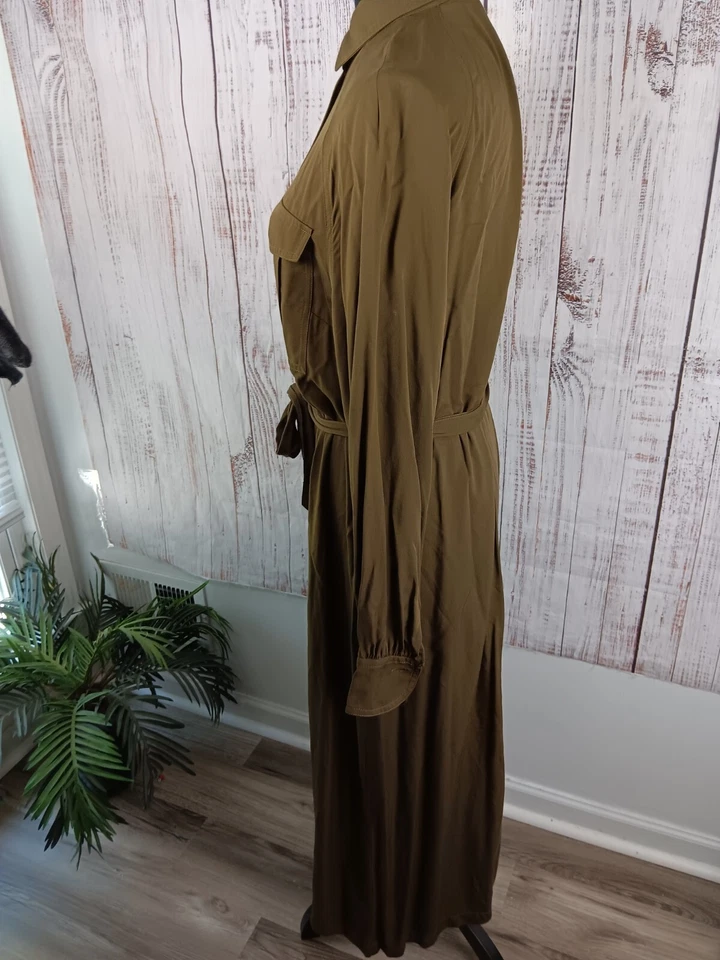 H&M Midi Shirt Dress Women’s 4 Long Sleeve Front Button Belted Pockets Green - Image 4 of 4