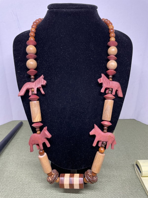 Vintage Wood Carved Necklace Animals Beads Etc