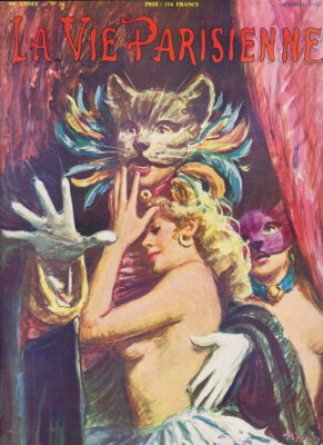 1952 La Vie Parisienne satirische und gewagte Zeitschrift Werbung Cabaret Le Sully