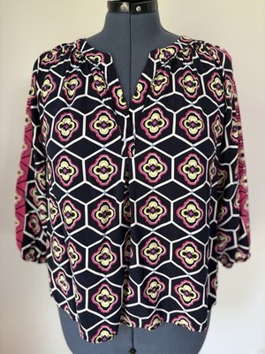Crown & Ivy Women's Tunic Blouse Pink/Navy/Lime Green V-Neck X-Large