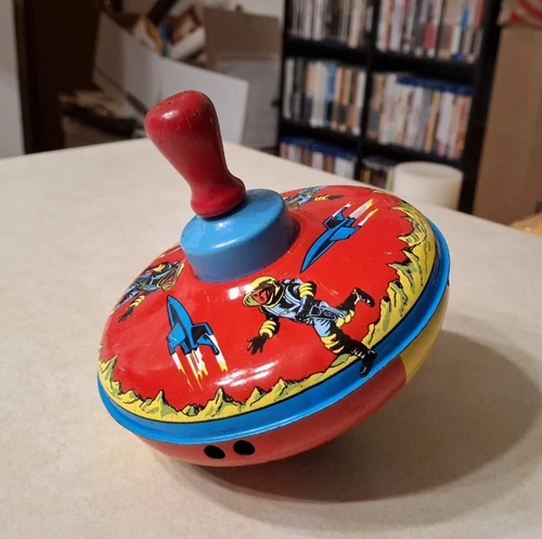 Vintage Spinning Top Toy 1960s Metal Tin Litho Astronauts Space Ship Ohio Art?