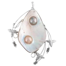 925 Sterling Silver Fifi Rose Leaf Mabe Mother Of Pearl Shell Pendant, 3"