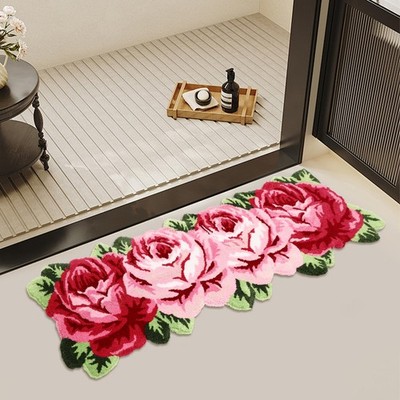4 Roses Polyester and Tpr Flower Rug Mat - Pink and Green-Unique Style Mat USA