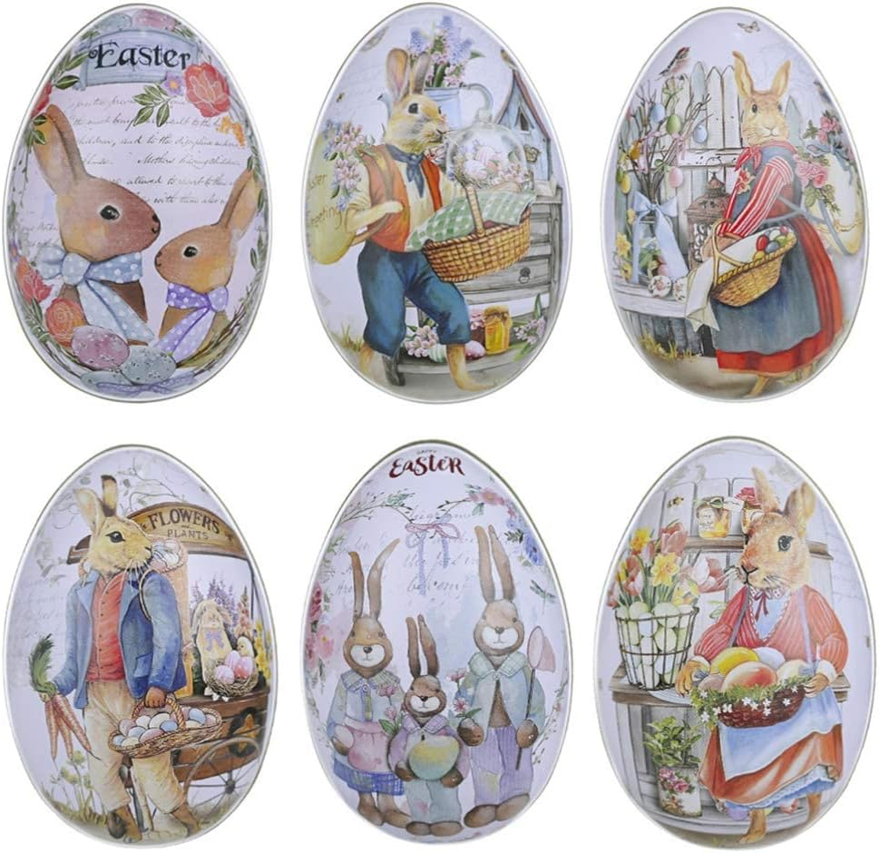 Tin Box with Easter Rabbit 6Pcs Egg Shaped Case for Candy Gift Can Metal Jewelry