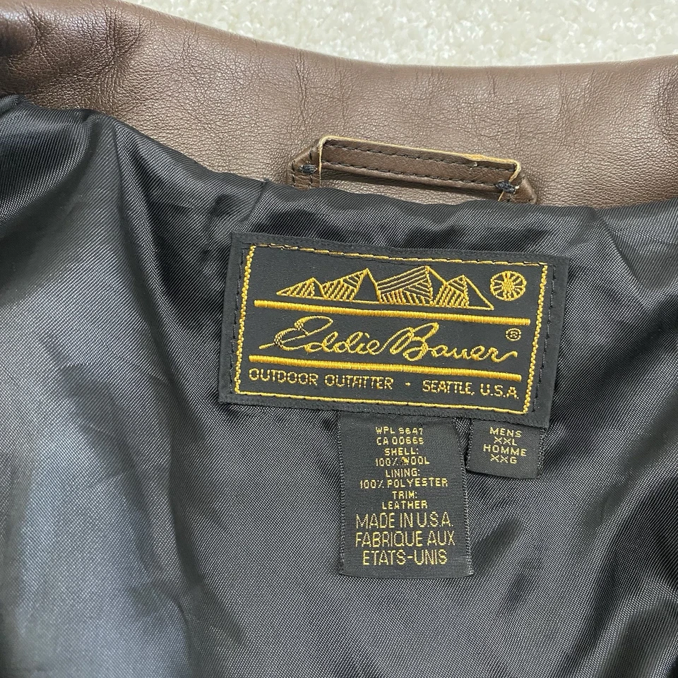 Eddie Bauer Wool Tweed Glen Plaid Leather Collar Overcoat Trench Coat Mens XXL - Image 2 of 4