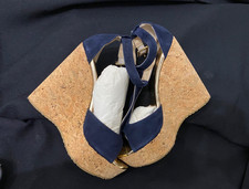 JIMMY CHOO - Pela Suede Leather Heels Dark Navy Cork Platform Wedges 7 NEW