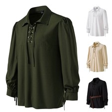 Mens Medieval Pirate Shirt Renaissance Viking Lace Up Halloween Scottish Tops