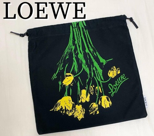 LOEWE Drawstring Flower Pouch Black Cotton Leather Limited Edition Authentic