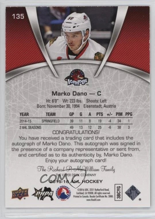 2015-16 Upper Deck AHL Short Print Auto Marko Dano #135 Auto - Image 2 of 2