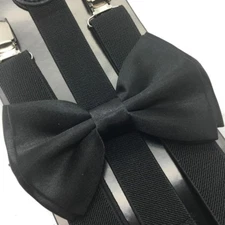 Black Clip on Bow-Tie & Suspender Set Tuxedo Wedding Formal Prom (USA Seller)