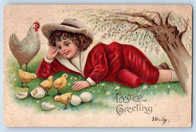 Easter Postcard Greeting Child Chicken Hen And Baby Chicks Hatched Egg 1908