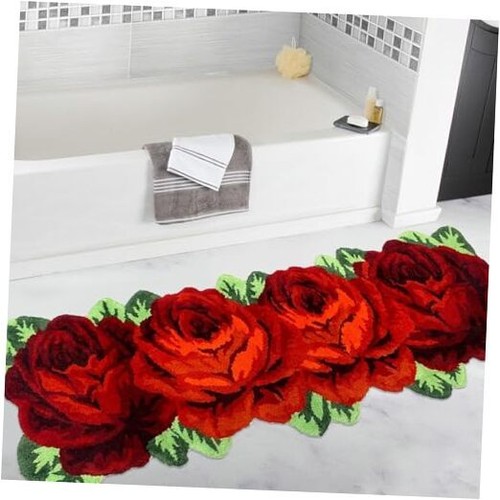 Rose Floor Rug, Handmade Rose Floral Area Rug Washable Non-Skid 4 Roses R Red