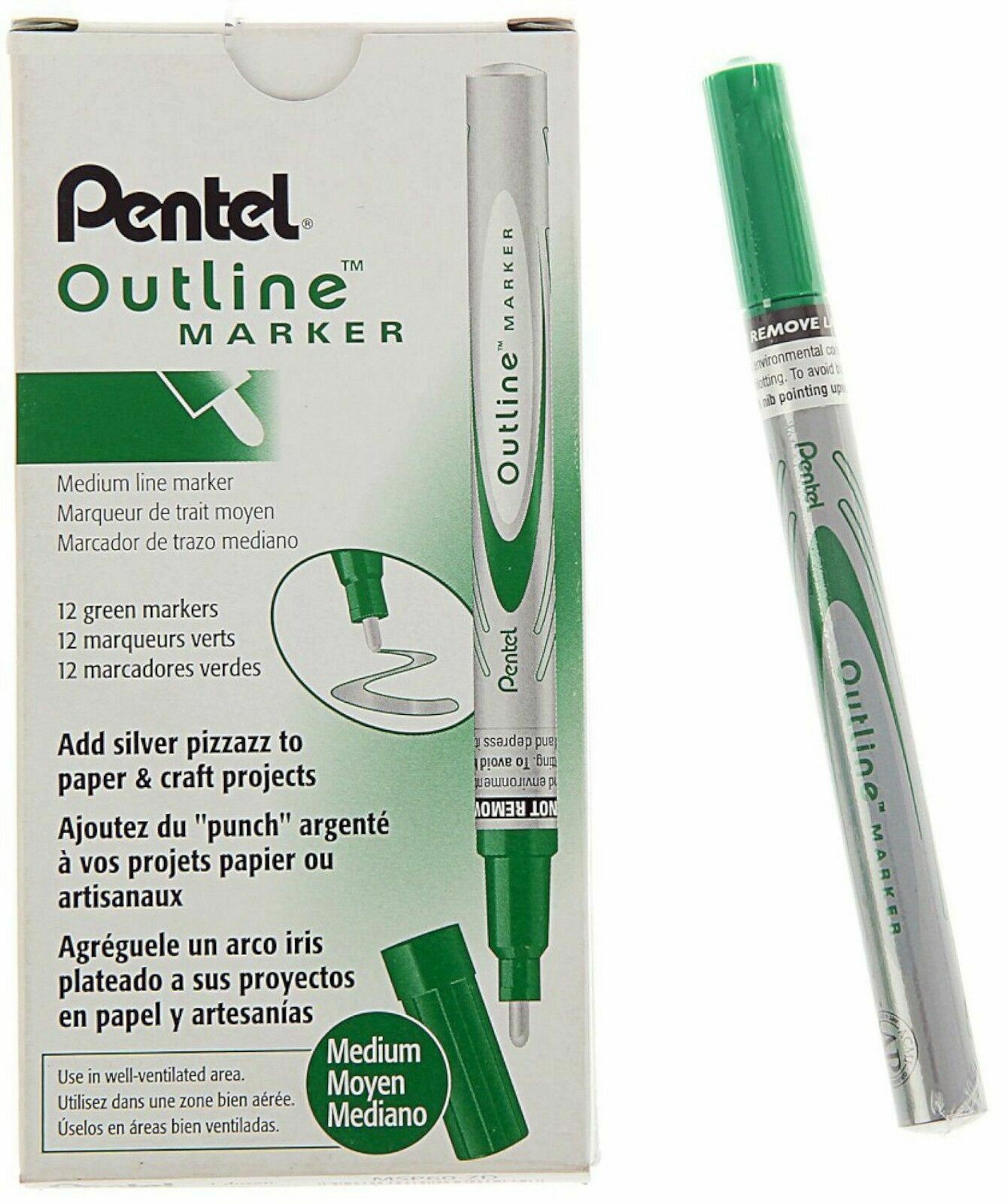 NEW 12-PACK Pentel Outline Dual-Color Marker Pen GREEN SILVE