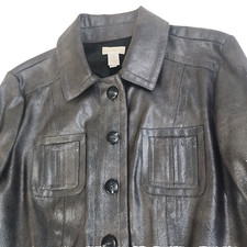 Chico's Button Front Jacket Pewter Pockets Size 1 M/8 Metallic Gray 1678