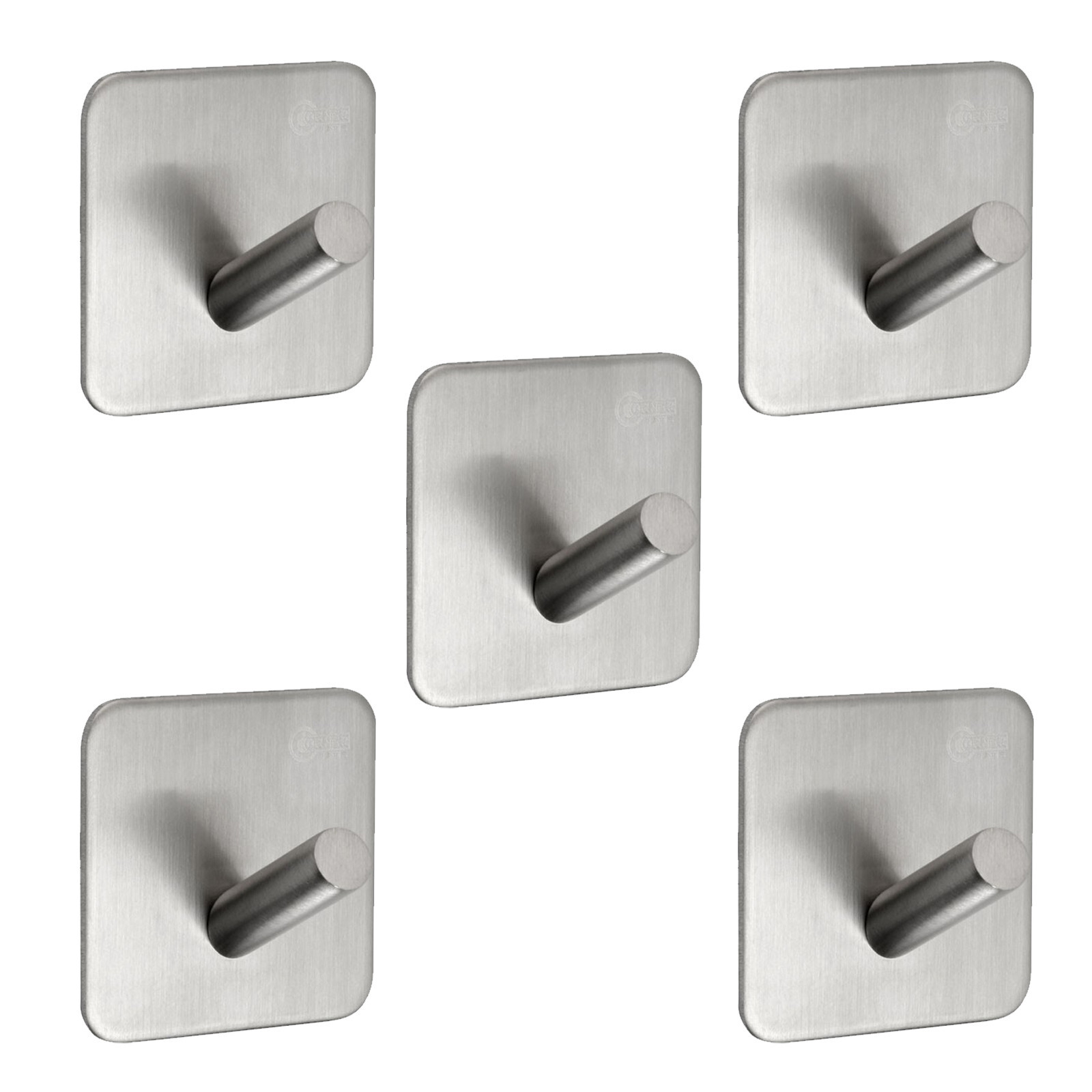 Satin Stainless Steel Modern Coat Hooks on Self Adhesive Backplate (5 Pack)