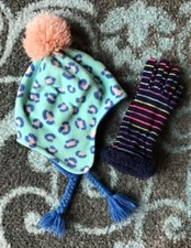 Girls Fleece Winter Hat Size 4-7 and Striped Gloves Size 4-7 Good Condition
