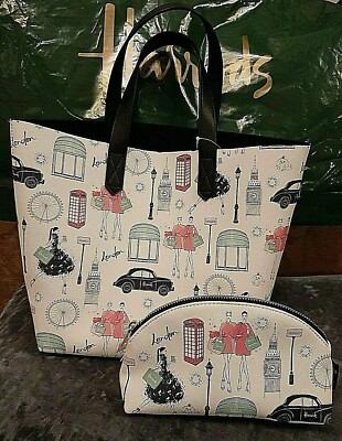 100% Harrods City Style AOP Print kleine Tragetasche mit passender Kosmetiktasche 