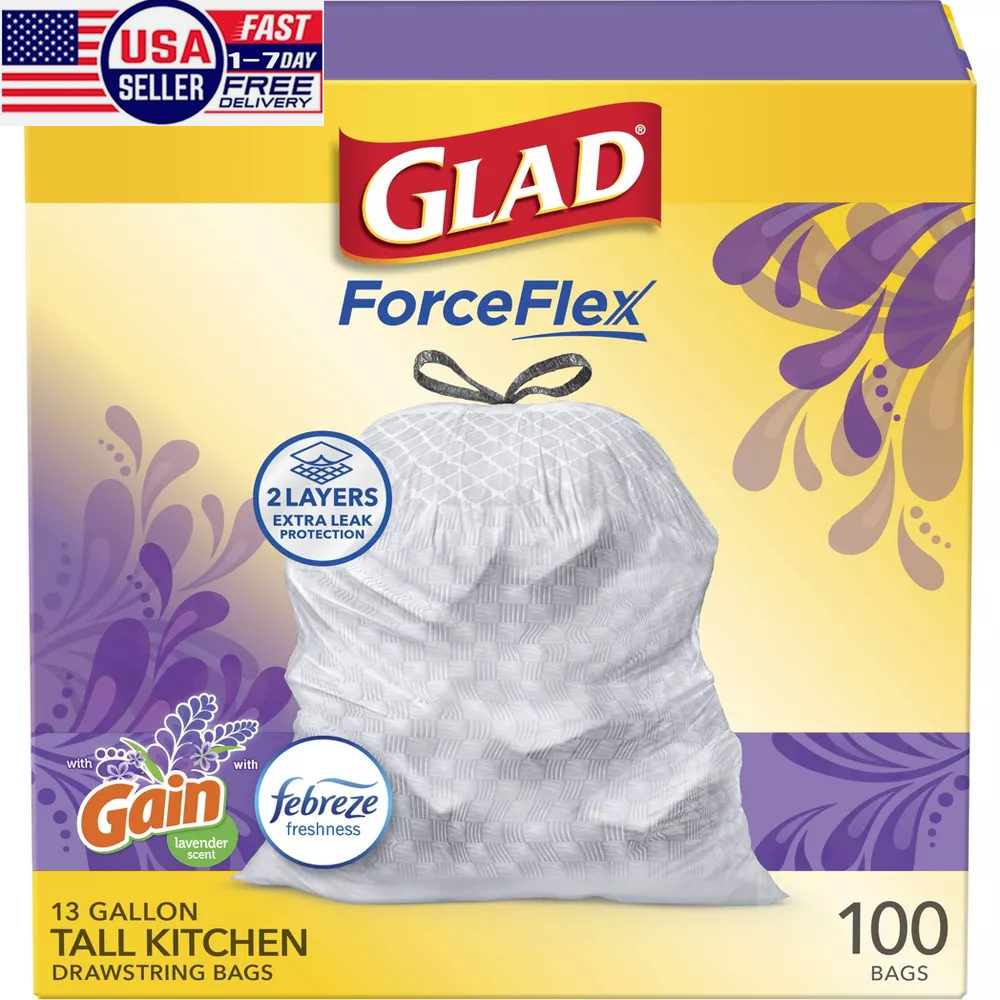 Glad ForceFlex Tall Kitchen Drawstring Trash Bags - Febreze Lavender - 13 Gallon