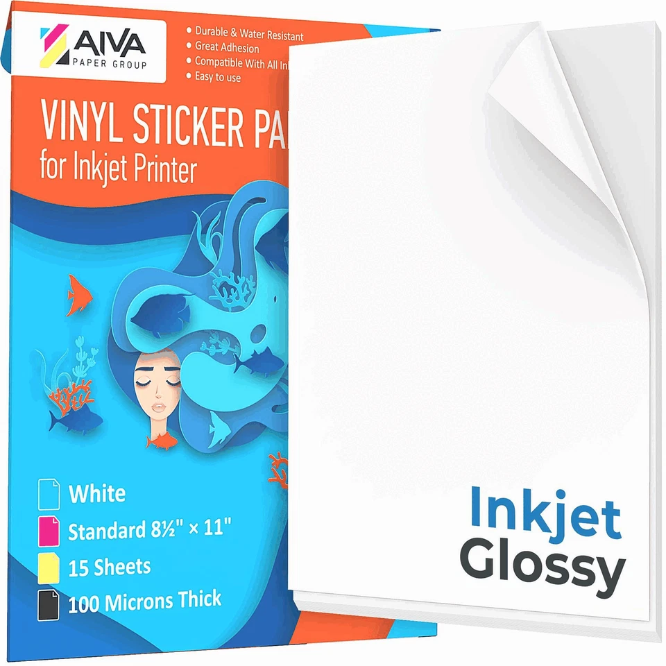 Printable Vinyl Sticker Paper for Inkjet Printer Glossy White 15 pcs Letter Size - Image 1 of 1