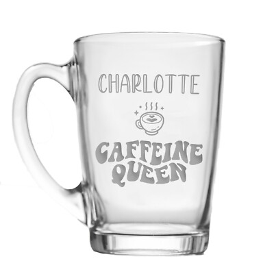 Personalisierte Koffein Queen Glas Tasse, Gravur mit Namen, Kaffeeliebhaber