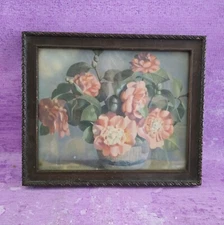 Vintage Framed Floral Art Plant Coral Flowers in Pot Signed Louis F Dow 9.5"x8"