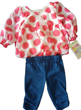 VTG. Healthtex Baby Girl 2pc White-Coral Dots Blue Pants Set Newborn GC1