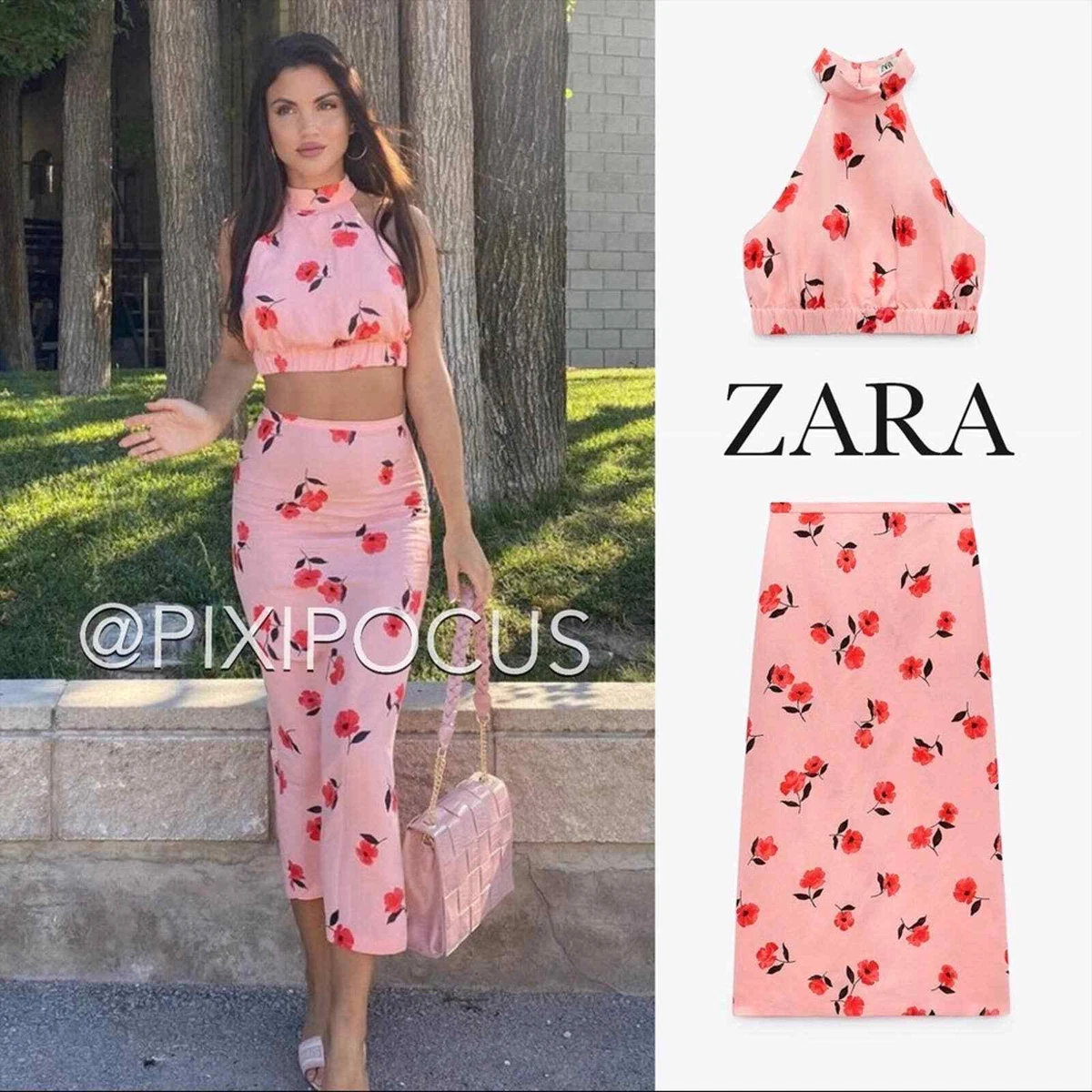 ZARA NEW [ 2 PIECES ] LINEN SKIRT SET PINK [ MIDI SKIRT + CROP TOP ] PINK S  - XL