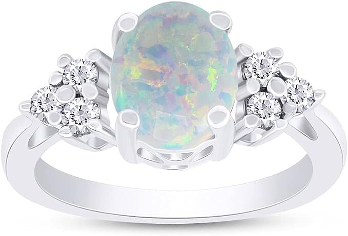 Oval Frame Engagement Ring Synthetic Opal & Cubic Zirconia 925 Sterling Silver