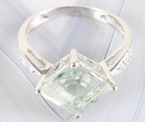 14K White Gold 2.5 CT Square Cut Aquamarine Diamond Accent Ring Size 7 2.68g - Picture 10 of 24