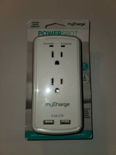 MyCharge PowerSpot Protector contra sobretensiones pestaña de pared con 2 tomas de CA y 2 puertos USB Nuevo - Imagen 2 de 6